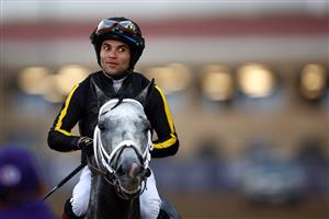 DEL MAR, CALIFORNIA - NOVEMBER 06: Jockey Joel Rosario reacts after riding Knicks Go to win the Breeders' Cup Classic at Del Mar Race Track on November 06, 2021 in Del Mar, California. (Photo by Sean M. Haffey/Getty Images)