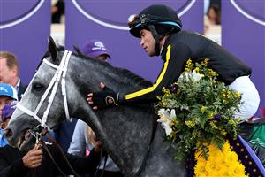 DEL MAR, CALIFORNIA - NOVEMBER 06: Jockey Joel Rosario reacts after riding Knicks Go to win the Breeders' Cup Classic at Del Mar Race Track on November 06, 2021 in Del Mar, California. (Photo by Sean M. Haffey/Getty Images)