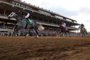 DEL MAR, CALIFORNIA - NOVEMBER 06: Jockey Joel Rosario rides Knicks Go to win the Breeders' Cup Classic at Del Mar Race Track on November 06, 2021 in Del Mar, California. (Photo by Rob Carr/Getty Images)