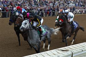DEL MAR, CALIFORNIA - NOVEMBER 06: Jockey Joel Rosario rides Knicks Go to win the Breeders' Cup Classic at Del Mar Race Track on November 06, 2021 in Del Mar, California. (Photo by Sean M. Haffey/Getty Images)