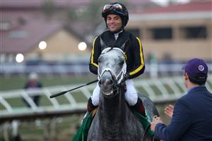 DEL MAR, CALIFORNIA - NOVEMBER 06: Jockey Joel Rosario celebrates aboard Knicks Go after winning Breeders' Cup Classic at Del Mar Race Track on November 06, 2021 in Del Mar, California. (Photo by Rob Carr/Getty Images)