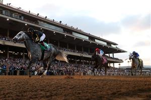 DEL MAR, CALIFORNIA - NOVEMBER 06: Jockey Joel Rosario rides Knicks Go to win the Breeders' Cup Classic at Del Mar Race Track on November 06, 2021 in Del Mar, California. (Photo by Rob Carr/Getty Images)