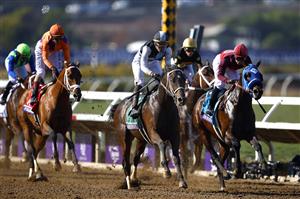 DEL MAR, CALIFORNIA - NOVEMBER 06: Jockey Jose Ortiz rides Aloha West to win the Breeders' Cup Sprint race at Del Mar Race Track on November 06, 2021 in Del Mar, California. (Photo by Sean M. Haffey/Getty Images)