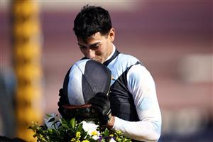 DEL MAR, CALIFORNIA - NOVEMBER 06: Jockey Jose Ortiz reacts after winning the Breeders' Cup Sprint race aboard Aloha West at Del Mar Race Track on November 06, 2021 in Del Mar, California. (Photo by Sean M. Haffey/Getty Images)