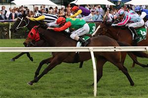 MELBOURNE, AUSTRALIA - NOVEMBER 06: Luke Nolen riding #8 Zayydani leads the field to win race 5, the TAB Matriarch Stakes during 2021 Paramount+ Stakes Day at Flemington Racecourse on November 06, 2021 in Melbourne, Australia. (Photo by Robert Cianflone/Getty Images)