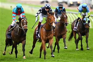 MELBOURNE, AUSTRALIA - NOVEMBER 06: Fred Kersley riding #5 It'sourtime to win race 9, the World Horse Racing Grand Handicap during 2021 Paramount+ Stakes Day at Flemington Racecourse on November 06, 2021 in Melbourne, Australia. (Getty)