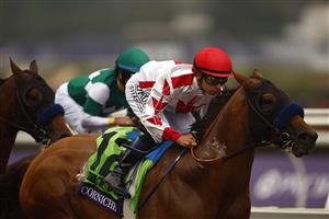 DEL MAR, CALIFORNIA - NOVEMBER 05: Jockey Mike Smith wins the Breeders' Cup Juvenile race aboard Corniche
at Del Mar Race Track on November 05, 2021 in Del Mar, California. (Photo by Sean M. Haffey/Getty Images)
