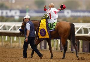 DEL MAR, CALIFORNIA - NOVEMBER 05: Jockey Mike Smith reacts aboard Corniche after winning the Breeders' Cup Juvenile race at Del Mar Race Track on November 05, 2021 in Del Mar, California. (Photo by Sean M. Haffey/Getty Images)