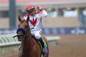 DEL MAR, CALIFORNIA - NOVEMBER 05: Jockey Mike Smith celebrates after riding Corniche to win the Breeders' Cup Juvenile at Del Mar Race Track on November 05, 2021 in Del Mar, California. (Photo by Rob Carr/Getty Images)