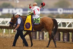 DEL MAR, CALIFORNIA - NOVEMBER 05: Jockey Mike Smith reacts aboard Corniche after winning the Breeders' Cup Juvenile race at Del Mar Race Track on November 05, 2021 in Del Mar, California. (Photo by Sean M. Haffey/Getty Images)