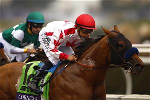 DEL MAR, CALIFORNIA - NOVEMBER 05: Jockey Mike Smith wins the Breeders' Cup Juvenile race aboard Corniche
at Del Mar Race Track on November 05, 2021 in Del Mar, California. (Photo by Sean M. Haffey/Getty Images)