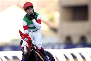 DEL MAR, CALIFORNIA - NOVEMBER 06: Jockey Oisin Murphy reacts after riding Marche Lorraine to win the Breeders' Cup Distaff at Del Mar Race Track on November 06, 2021 in Del Mar, California. (Photo by Sean M. Haffey/Getty Images)