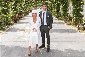 MELBOURNE, AUSTRALIA - NOVEMBER 06: VRC ambassadors Emma and Tom Hawkins pose for a photograph during 2021 Paramount+ Stakes Day at Flemington Racecourse on November 06, 2021 in Melbourne, Australia. (Photo by Daniel Pockett/Getty Images)