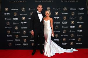 BRISBANE, AUSTRALIA - SEPTEMBER 27: Tom Trbojevic of the Sea Eagles and his partner Kristi Wilkinson attend the NRL 2021 Dally M Awards at the Howard Smith Wharves on September 27, 2021 in Brisbane, Australia. (Photo by Chris Hyde/Getty Images)