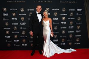 BRISBANE, AUSTRALIA - SEPTEMBER 27: Tom Trbojevic of the Sea Eagles and his partner Kristi Wilkinson attend the NRL 2021 Dally M Awards at the Howard Smith Wharves on September 27, 2021 in Brisbane, Australia. (Photo by Chris Hyde/Getty Images)