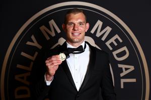 BRISBANE, AUSTRALIA - SEPTEMBER 27: Tom Trbojevic of the Manly Warringah Sea Eagles poses after winning the Dally M medal during the NRL 2021 Dally M Awards at the Howard Smith Wharves on September 27, 2021 in Brisbane, Australia. (Photo by Chris Hyde/Getty Images)