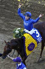 DEL MAR, CALIFORNIA - NOVEMBER 06: Jockey William Buick reacts after riding Space Blues to win the Breeders' Cup Mile at Del Mar Race Track on November 06, 2021 in Del Mar, California. (Photo by Sean M. Haffey/Getty Images)