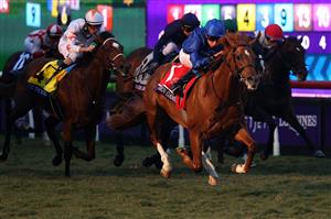 DEL MAR, CALIFORNIA - NOVEMBER 05: Jockey William Buick rides Modern Games to victory in the Breeders' Cup Juvenile Turf at Del Mar Race Track on November 05, 2021 in Del Mar, California. (Photo by Rob Carr/Getty Images)