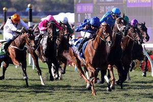 DEL MAR, CALIFORNIA - NOVEMBER 06: Jockey William Buick celebrates rides Space Blues to win the Breeders' Cup Mile at Del Mar Race Track on November 06, 2021 in Del Mar, California. (Photo by Rob Carr/Getty Images)