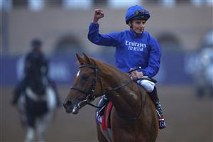 DEL MAR, CALIFORNIA - NOVEMBER 05: Jockey William Buick reacts after riding Modern Games to win the Breeders' Cup Juvenile Turf race at Del Mar Race Track on November 05, 2021 in Del Mar, California. (Photo by Sean M. Haffey/Getty Images)