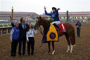 DEL MAR, CALIFORNIA - NOVEMBER 05: Jockey William Buick reacts after riding Modern Games to win the Breeders' Cup Juvenile Turf race at Del Mar Race Track on November 05, 2021 in Del Mar, California. (Photo by Sean M. Haffey/Getty Images)