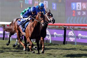 DEL MAR, CALIFORNIA - NOVEMBER 06: Jockey William Buick celebrates rides Space Blues to win the Breeders' Cup Mile at Del Mar Race Track on November 06, 2021 in Del Mar, California. (Photo by Rob Carr/Getty Images)
