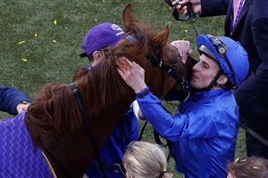 DEL MAR, CALIFORNIA - NOVEMBER 06: Jockey William Buick reacts after riding Space Blues to win the Breeders' Cup Mile at Del Mar Race Track on November 06, 2021 in Del Mar, California. (Photo by Sean M. Haffey/Getty Images)