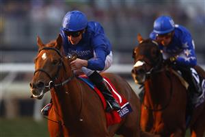 DEL MAR, CALIFORNIA - NOVEMBER 05: Jockey William Buick rides Modern Games to win the Breeders' Cup Juvenile Turf race at Del Mar Race Track on November 05, 2021 in Del Mar, California. (Photo by Sean M. Haffey/Getty Images)