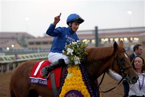 DEL MAR, CALIFORNIA - NOVEMBER 05: Jockey William Buick reacts after riding Modern Games to win the Breeders' Cup Juvenile Turf race at Del Mar Race Track on November 05, 2021 in Del Mar, California. (Photo by Sean M. Haffey/Getty Images)