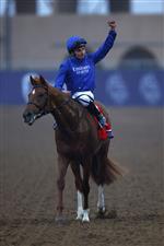 DEL MAR, CALIFORNIA - NOVEMBER 05: Jockey William Buick reacts after riding Modern Games to win the Breeders' Cup Juvenile Turf race at Del Mar Race Track on November 05, 2021 in Del Mar, California. (Photo by Sean M. Haffey/Getty Images)