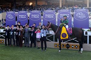 DEL MAR, CALIFORNIA - NOVEMBER 06: Jockey Yuga Kawada celebrates in the winners circle after riding Loves Only You to victory in the Breeders' Cup Filly & Mare Turf at Del Mar Race Track on November 06, 2021 in Del Mar, California. (Photo by Rob Carr/Getty Images)