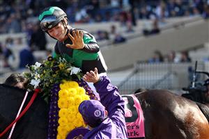 DEL MAR, CALIFORNIA - NOVEMBER 06: Jockey Yuga Kawada celebrates after riding Loves Only You to victory in the Breeders' Cup Filly & Mare Turf at Del Mar Race Track on November 06, 2021 in Del Mar, California. (Photo by Rob Carr/Getty Images)
