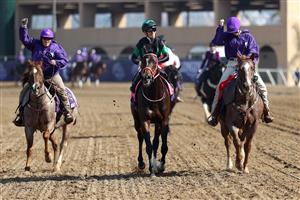 DEL MAR, CALIFORNIA - NOVEMBER 06: Jockey Yuga Kawada celebrates after riding Loves Only You to victory in the Breeders' Cup Filly & Mare Turf at Del Mar Race Track on November 06, 2021 in Del Mar, California. (Photo by Rob Carr/Getty Images)