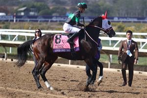 DEL MAR, CALIFORNIA - NOVEMBER 06: Jockey Yuga Kawada leads Loves Only You to the starting gate before the start of the Breeders' Cup Filly & Mare Turf at Del Mar Race Track on November 06, 2021 in Del Mar, California. (Photo by Rob Carr/Getty Images)