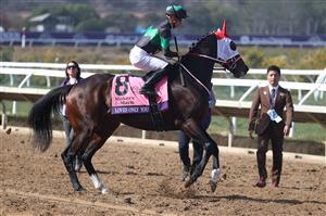 DEL MAR, CALIFORNIA - NOVEMBER 06: Jockey Yuga Kawada leads Loves Only You to the starting gate before the start of the Breeders' Cup Filly & Mare Turf at Del Mar Race Track on November 06, 2021 in Del Mar, California. (Photo by Rob Carr/Getty Images)