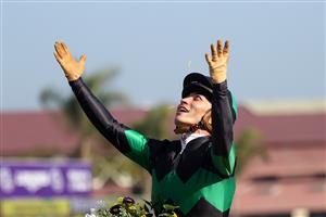 DEL MAR, CALIFORNIA - NOVEMBER 06: Jockey Yuga Kawada celebrates after riding Loves Only You to victory in the Breeders' Cup Filly & Mare Turf at Del Mar Race Track on November 06, 2021 in Del Mar, California. (Photo by Rob Carr/Getty Images)