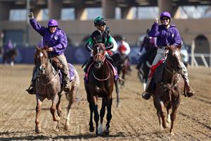 DEL MAR, CALIFORNIA - NOVEMBER 06: Jockey Yuga Kawada celebrates after riding Loves Only You to victory in the Breeders' Cup Filly & Mare Turf at Del Mar Race Track on November 06, 2021 in Del Mar, California. (Photo by Rob Carr/Getty Images)
