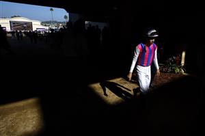 DEL MAR, CALIFORNIA - NOVEMBER 06: Jockey Yuichi Fukunaga who rode Jasper Prince in the Breeders' Cup Dirt Mile race at Del Mar Race Track walks back to the jockey area on November 06, 2021 in Del Mar, California. (Photo by Sean M. Haffey/Getty Images)