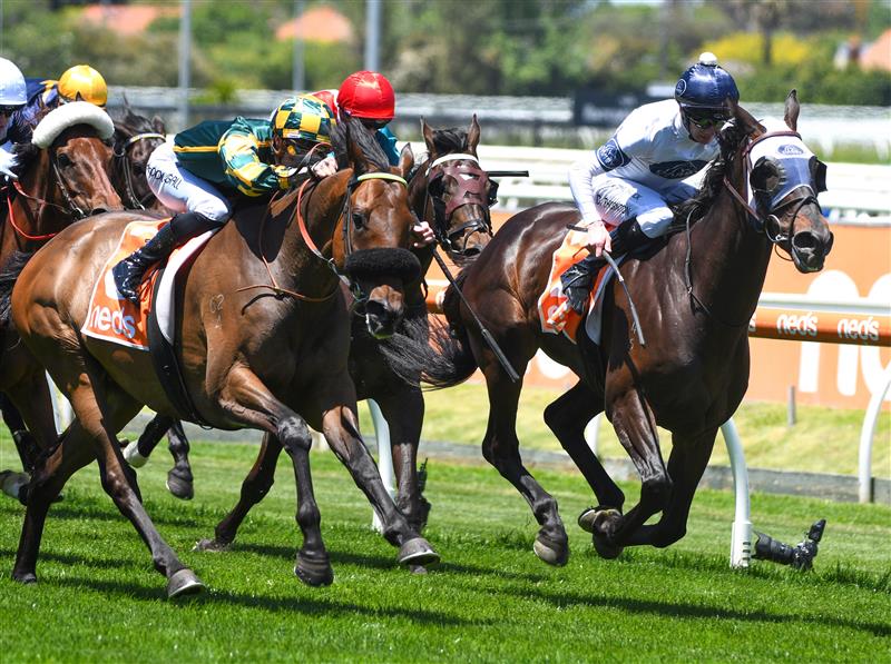 MELBOURNE, AUSTRALIA - NOVEMBER 27: Blaike McDougall riding Dragon Storm winning Race 2, the Neds Sandown Cup,  during Melbourne Racing at Caulfield Racecourse on November 27, 2021 in Melbourne, Australia. (Photo by Vince Caligiuri/Getty Images)