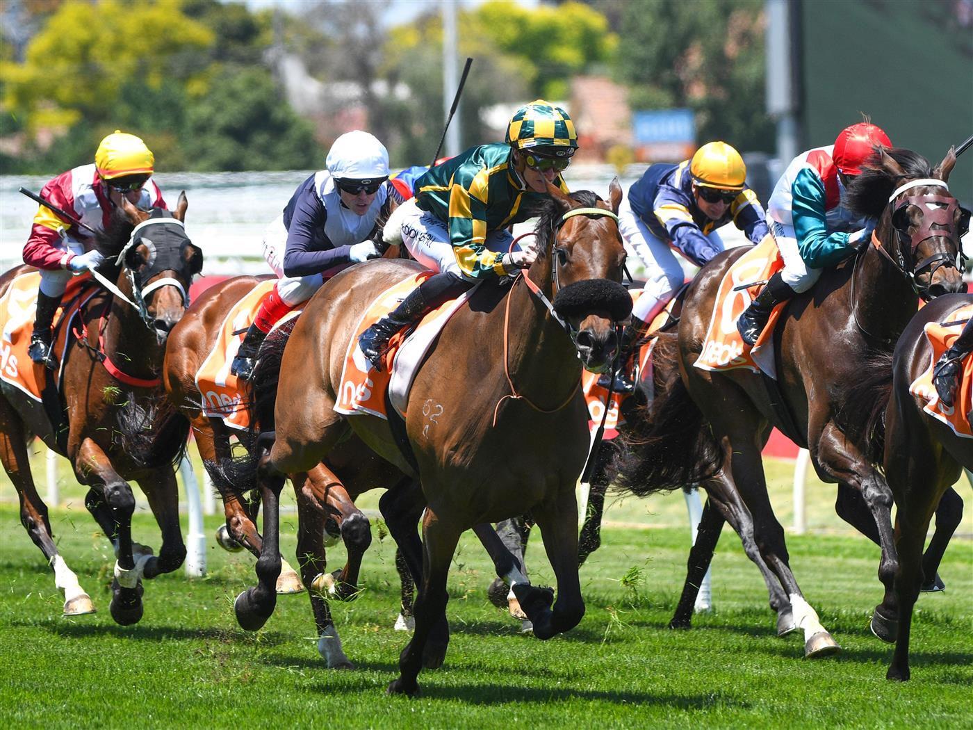 MELBOURNE, AUSTRALIA - NOVEMBER 27: Blaike McDougall riding Dragon Storm winning Race 2, the Neds Sandown Cup,  during Melbourne Racing at Caulfield Racecourse on November 27, 2021 in Melbourne, Australia. (Photo by Vince Caligiuri/Getty Images)