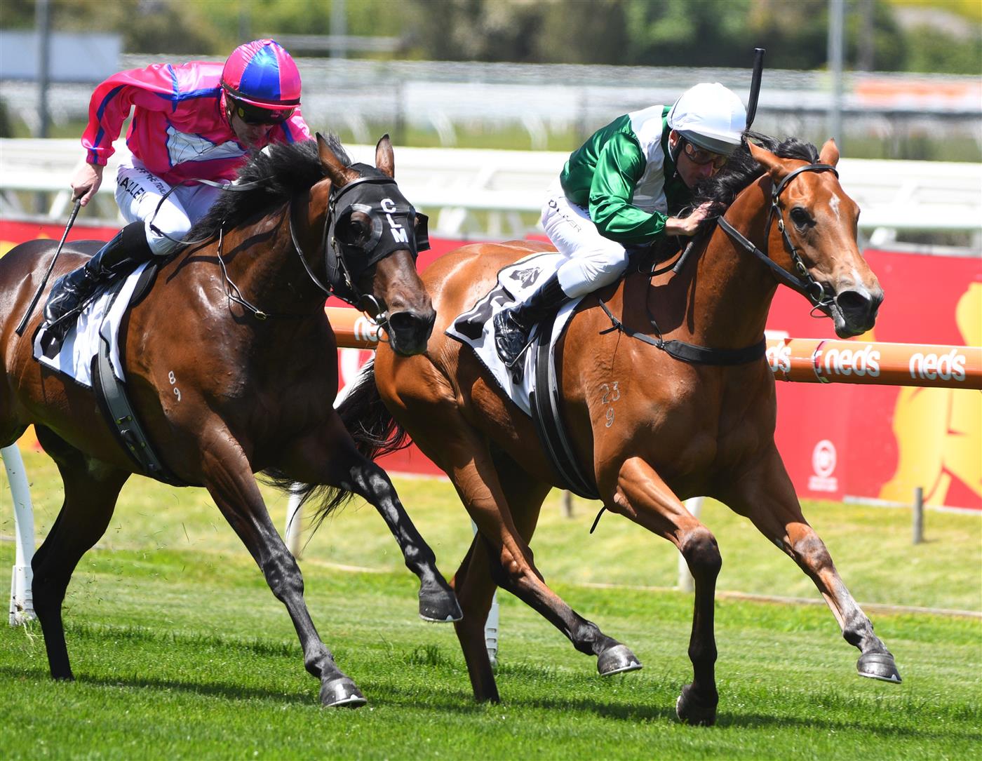 MELBOURNE, AUSTRALIA - NOVEMBER 27: Damien Oliver riding Ebhaar winning Race 1, the Thoroughbred Club Merson Cooper Stakes, during Melbourne Racing at Caulfield Racecourse on November 27, 2021 in Melbourne, Australia. (Photo by Vince Caligiuri/Getty Images)