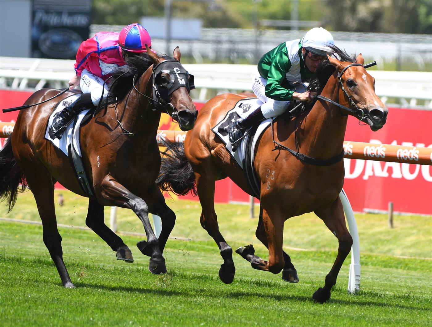 MELBOURNE, AUSTRALIA - NOVEMBER 27: Damien Oliver riding Ebhaar winning Race 1, the Thoroughbred Club Merson Cooper Stakes, during Melbourne Racing at Caulfield Racecourse on November 27, 2021 in Melbourne, Australia. (Photo by Vince Caligiuri/Getty Images)