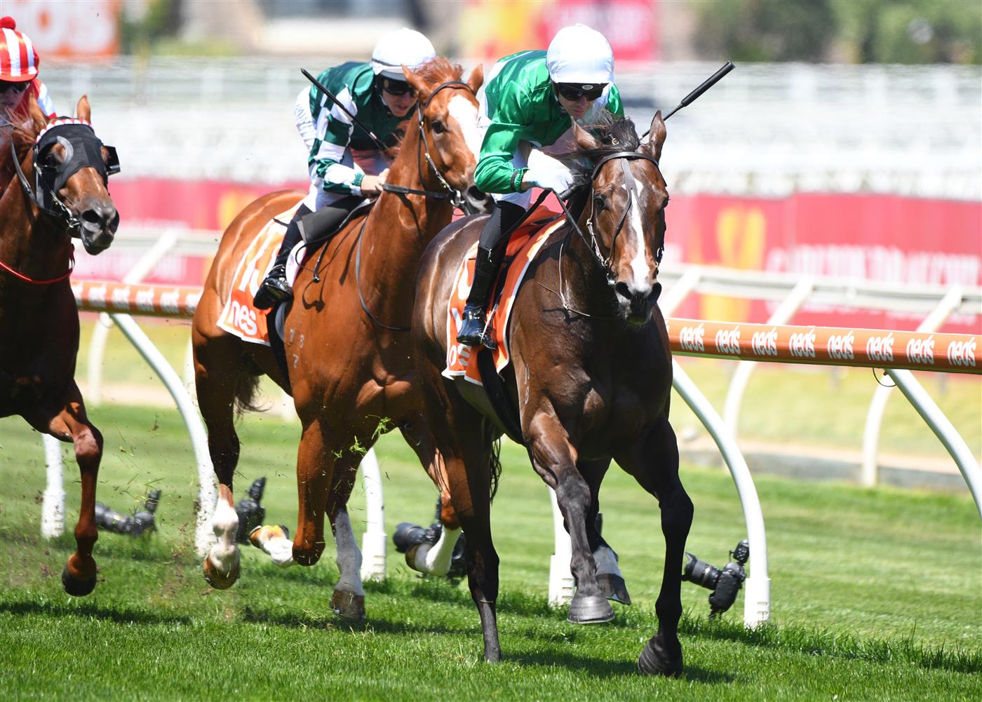 MELBOURNE, AUSTRALIA - NOVEMBER 27: Jye McNeil riding Enthaar winning Race 4, the Premier Signs Doveton Stakes, during Melbourne Racing at Caulfield Racecourse on November 27, 2021 in Melbourne, Australia. (Photo by Vince Caligiuri/Getty Images)