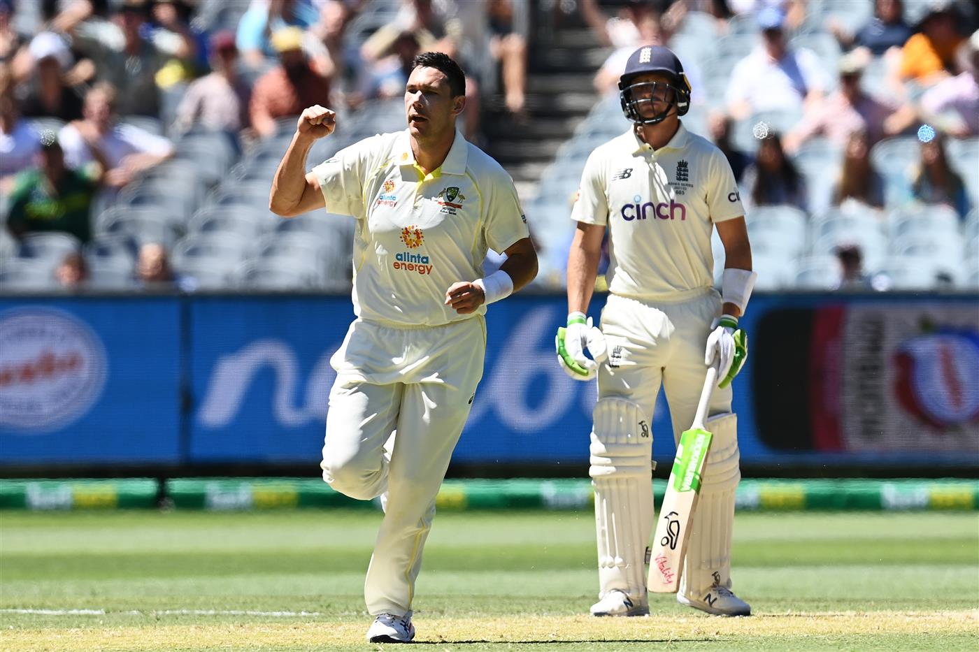 MELBOURNE, AUSTRALIA - DECEMBER 28: Scott Boland of Australia celebrates after dismissing Mark Wood of England during day three of the Third Test match in the Ashes series between Australia and England at Melbourne Cricket Ground on December 28, 2021 in Melbourne, Australia. (Photo by Quinn Rooney/Getty Images)