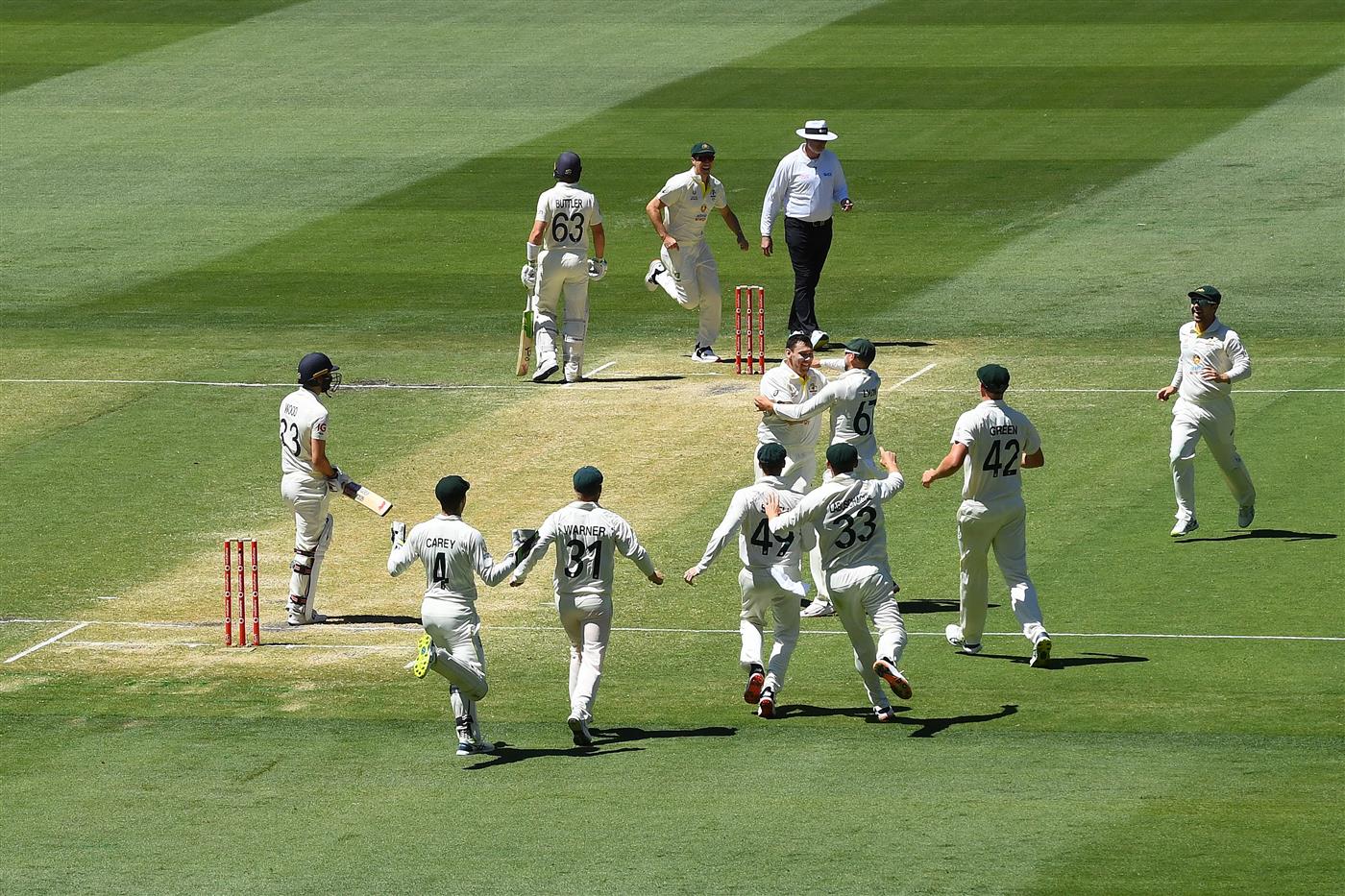 MELBOURNE, AUSTRALIA - DECEMBER 28: Scott Boland of Australia celebrates after dismissing Mark Wood of England during day three of the Third Test match in the Ashes series between Australia and England at Melbourne Cricket Ground on December 28, 2021 in Melbourne, Australia. (Photo by Quinn Rooney/Getty Images)