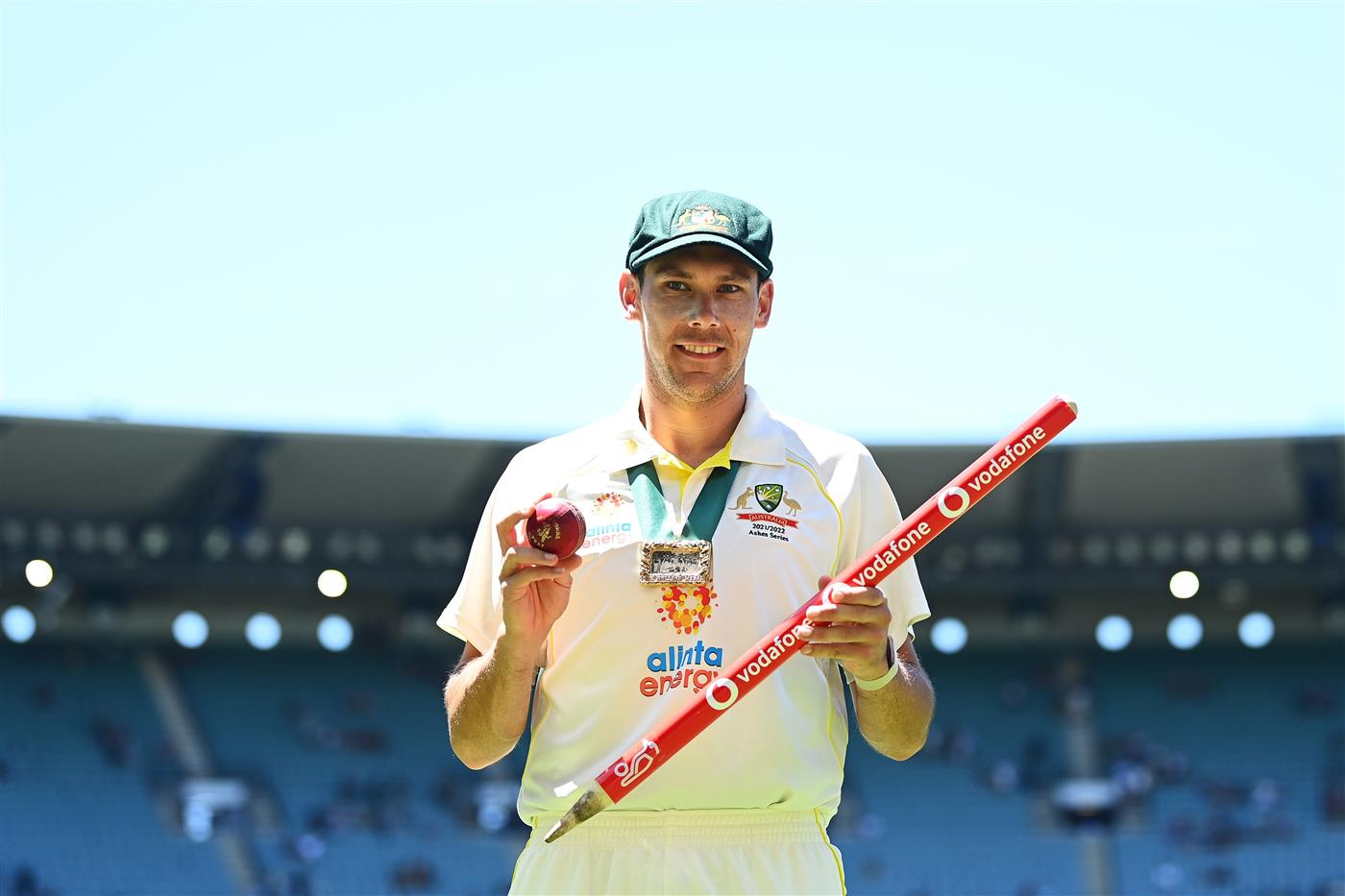 MELBOURNE, AUSTRALIA - DECEMBER 28: Scott Boland of Australia poses with the Johnny Muller medal, match ball and stump after winning and retaining the Ashes on day three of the Third Test match in the Ashes series between Australia and England at Melbourne Cricket Ground on December 28, 2021 in Melbourne, Australia. (Photo by Quinn Rooney/Getty Images)