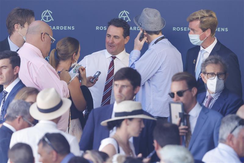 SYDNEY, AUSTRALIA - JANUARY 29: Trainer Michael Freedman is interviewed by the media after winning race 3 the Widden Stakes with Queen Of The Ball during Sydney Racing at Rosehill Gardens on January 29, 2022 in Sydney, Australia. (Photo by Jenny Evans/Getty Images)