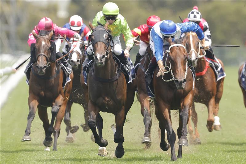 SYDNEY, AUSTRALIA - JANUARY 29: Hugh Bowman (blue) on More Sundays wins race 5 the Midway Handicap during Sydney Racing at Rosehill Gardens on January 29, 2022 in Sydney, Australia. (Photo by Jenny Evans/Getty Images)