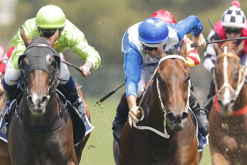 SYDNEY, AUSTRALIA - JANUARY 29: Hugh Bowman (blue) on More Sundays wins race 5 the Midway Handicap during Sydney Racing at Rosehill Gardens on January 29, 2022 in Sydney, Australia. (Photo by Jenny Evans/Getty Images)