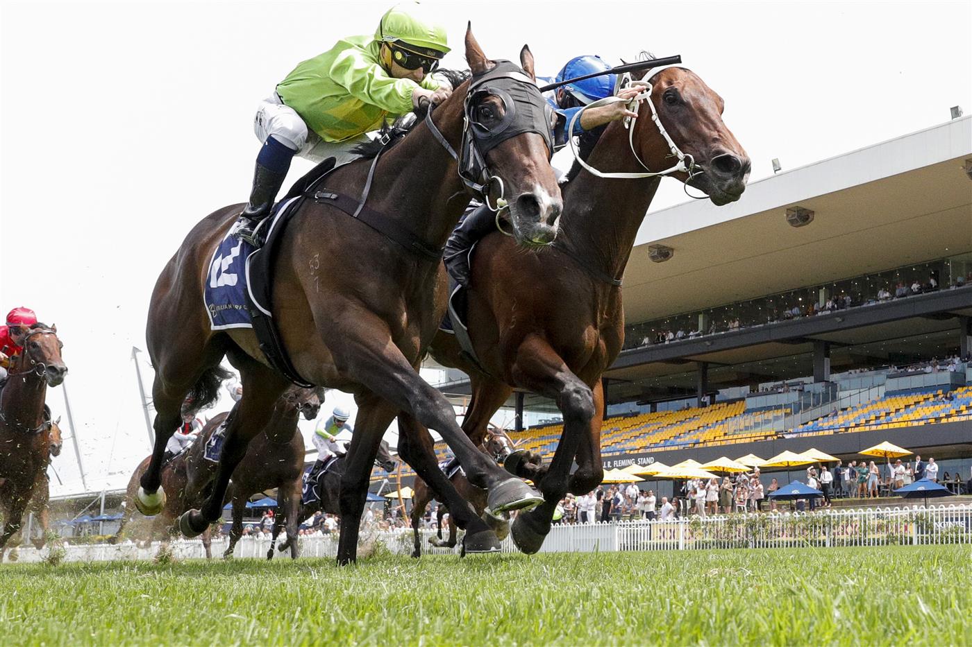 SYDNEY, AUSTRALIA - JANUARY 29: Hugh Bowman (blue) on More Sundays wins race 5 the Midway Handicap during Sydney Racing at Rosehill Gardens on January 29, 2022 in Sydney, Australia. (Photo by Jenny Evans/Getty Images)
